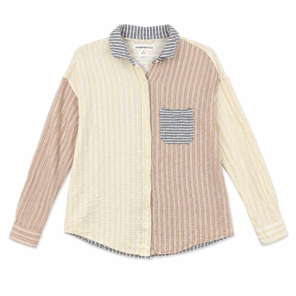 Aéropostale Women's Long Sleeve Mixed Stripe Gauze Button-Down Shirt